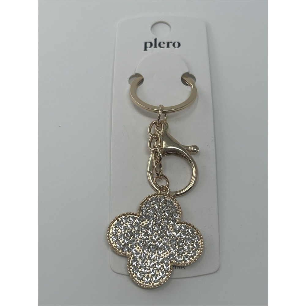 NWT Plero Gold Tone Clear Rhinestone Four Leaf Clover Keychain